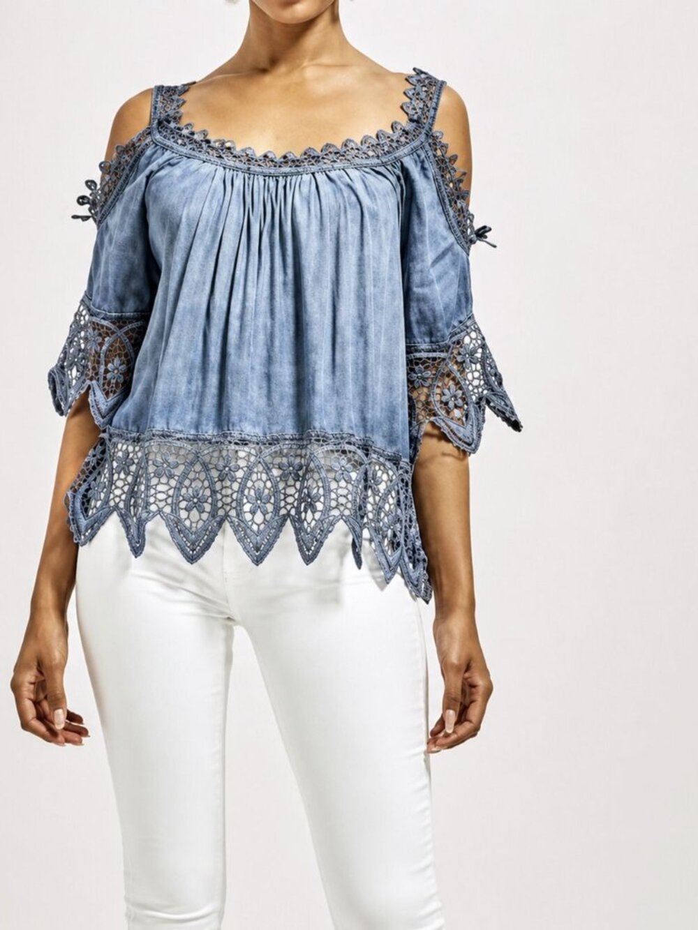Bella Amore Italy Lace Boho Cold Shoulder Blue Flowy Relaxed Peasant Blouse OS/M